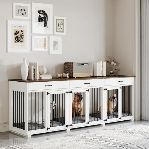Vista 8 de Muebles de jaula para perros – Muebles de madera para perreras de interior con 2 divisores, 3 cajones y 3 puertas con cerradura, 72 x 23.6 x 31.5