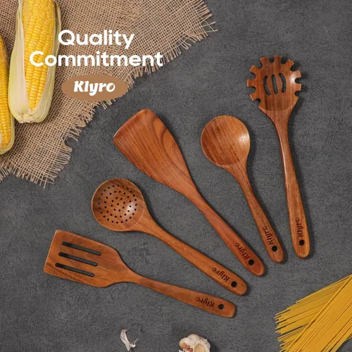 Vista 7 de Juego de utensilios de cocina de teca, juego de utensilios de cocina de madera de alta calidad, cucharas de madera antiadherentes resistentes al