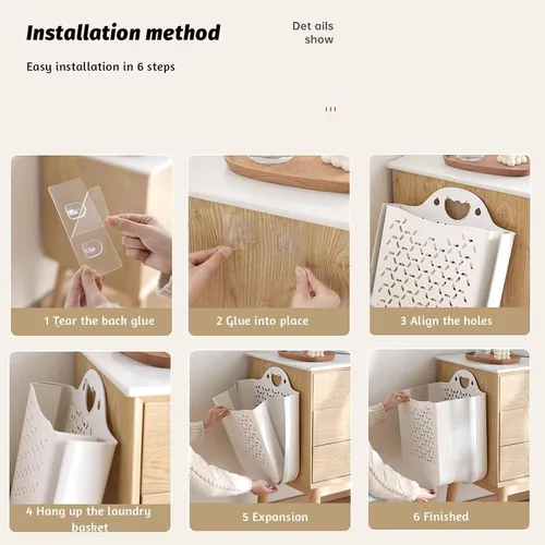 Vista 6 de 2 cestas colgantes para ropa sucia con asa de transporte, cestas plegables de plástico para lavandería, cesta de almacenamiento para colgar