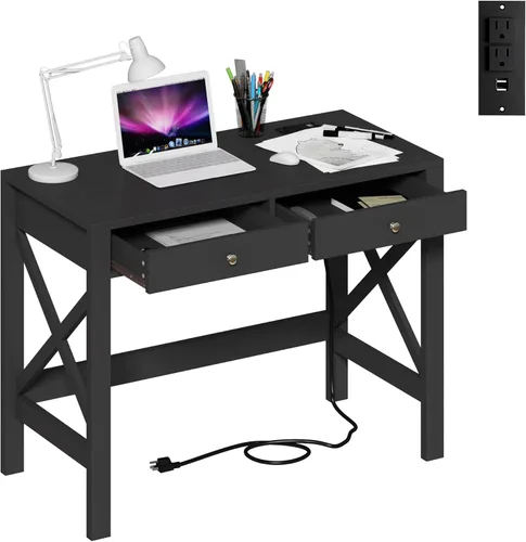 Vista 19 de ChooChoo Escritorio de oficina en casa, mesa de computadora de diseño moderno, escritorio negro con cajones, mesa de tocador de maquillaje