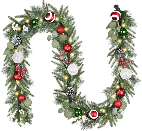 Vista 8 de Valery Madelyn - Guirnalda de Navidad de 1.8 m preiluminada con luces para manto, guirnalda navideña iluminada para exteriores con bolas rojas