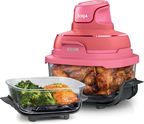 Ninja Crispi - Freidora de aire de vidrio 4 en 1 | 450 °F | No tóxica | Contenedores de vidrio de 4 cuartos y 6 tazas con tapas | Microondas,