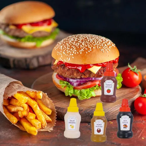 Vista 8 de 4 mini botellas de condimentos, mini botella de ketchup, pequeñas botellas exprimibles para condimentos, contenedor de salsa para lonchera, caja