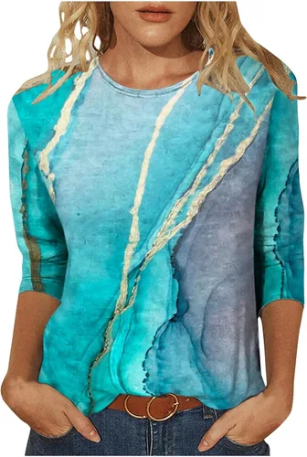 Vista 25 de Camisas de manga 3/4 para mujer, blusas casuales de verano 2025, cuello redondo, estampado floral, lindas, blusas holgadas