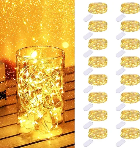 Vista 12 de litogo Paquete de 16 luces de hadas que funcionan con pilas, 2,1 metros, 20 luces LED, con alambre plateado impermeable, para tarros Mason