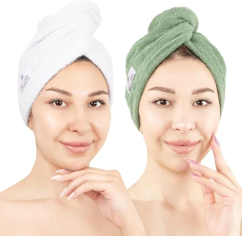 Vista 25 de American Soft Linen Toallas de pelo 100 % algodón para mujer, gorro de toalla de pelo, turbante de algodón para cabello largo y rizado Beige