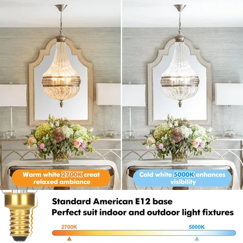 Vista 4 de GoBright Bombilla LED regulable E12 equivalente a 40 W, 460 lúmenes, luz blanca cálida suave de 2700 K con punta de llama vintage, vidrio