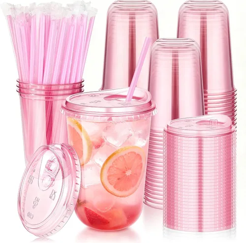 KesaPlan 50 Pack 16oz Pink Plastic Cups with Sip Lids & Straws, Disposable Iced Coffee Cup for Party Catering Wedding, Round Bottom To Go Drink Cup