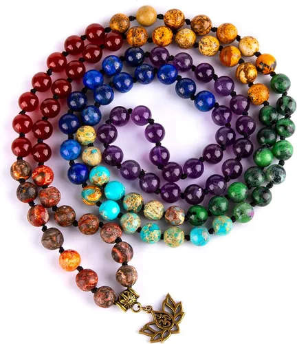 Bivei 7 chakras 108 cuentas de mala, pulsera de piedras preciosas curativas reales para yoga, meditación anudada a mano, collar de cuentas de