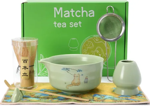 Vista 10 de Juego de batidor matcha, juego de kit matcha japonés de 7 piezas con cuenco matcha (chawan), batidor matcha y soporte, cuchara de bambú