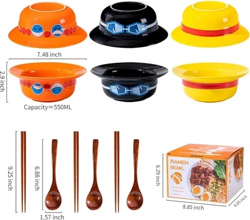 Vista 6 de Juego de cuencos de ramen con sombrero de paja (3 piezas, cuenco de cerámica + cuchara de madera + palillos) para los fanáticos del anime