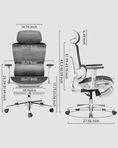 Vista 22 de Hbada E2 Silla de oficina ergonómica, silla de oficina de malla grande y alta con soporte lumbar dinámico de 6 vías, reposabrazos ajustables 3D