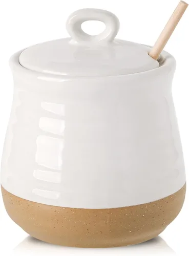 Vista 10 de HASENSE Olla de cerámica para miel con tapa, frasco de miel de 12 onzas con cucharón de madera, juego de palito y frasco para miel, lindo recipiente