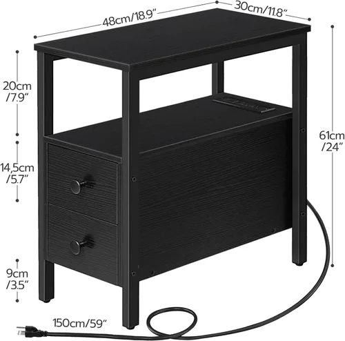 Vista 3 de HOOBRO - Mesa auxiliar con estación de carga; mesa auxiliar estrecha con 2 cajones y puerto USB y tomas de corriente; mesita de noche para espacios