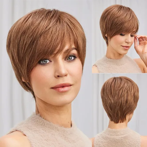 Vista 16 de HAIRCUBE Pelucas rubias de corte Pixie para mujer, estilo ondulado natural, peluca de encaje sintético resistente al calor con parte superior