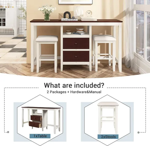 Vista 6 de Knocbel Mesa de comedor y taburetes de altura de mostrador, juego de mesa de comedor de 3 piezas con 2 cajones de almacenamiento y asiento acolchado