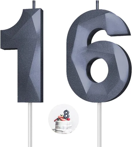 Vista 151 de Velas de cumpleaños con números (0 velas negras), forma de diamante 3D, decoración de pastel de feliz cumpleaños para niños y hombres, cumpleaños