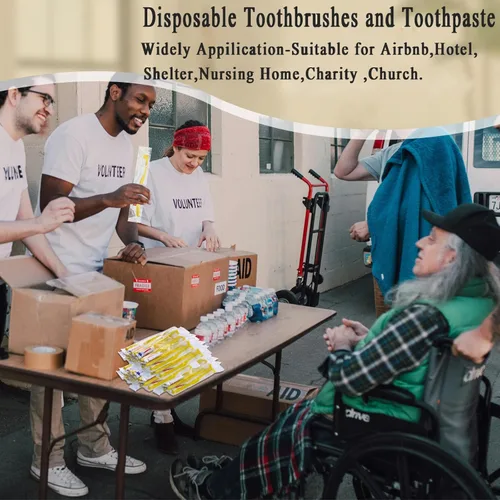 Vista 3 de Cepillos de dientes desechables con pasta de dientes, paquete de 30 cepillos amarillos huecos envueltos individualmente, kit de cepillos de dientes