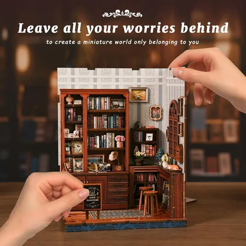 Vista 6 de Kit de rincón de libros en miniatura para casa de muñecas, rompecabezas de madera 3D con luz LED, decoración de estantería de casa pequeña