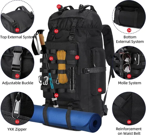 Vista 4 de Mochila de senderismo para acampar de 70 litros con cubierta de lluvia, mochila Molle impermeable para hombres, mochila para trekking, escalada al