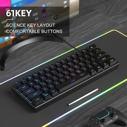 Vista 5 de MageGee Teclado mini 60% para juegos, retroiluminado RGB de 61 teclas ultra compacto, TS91 ergonómico, impermeable, sensación mecánica, teclados