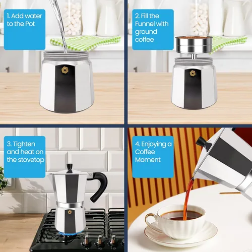 Vista 5 de olla de moka de 12 tazas de aluminio de 600ml, cafetera italiana para estufa, cafetera de expreso para cafeteras moka, percolador de café mocha