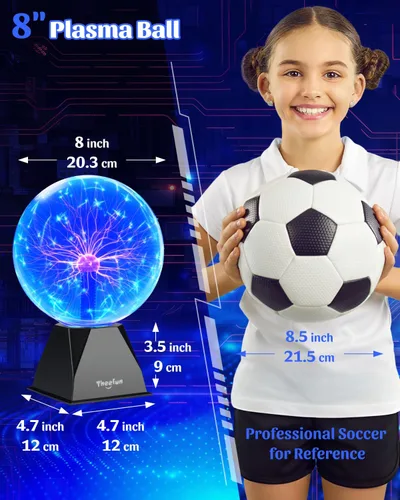 Vista 5 de Theefun Bola de plasma azul: globo de plasma enorme de 8 pulgadas, regalos de cumpleaños, lámpara de bola de plasma sensible al tacto y al sonido