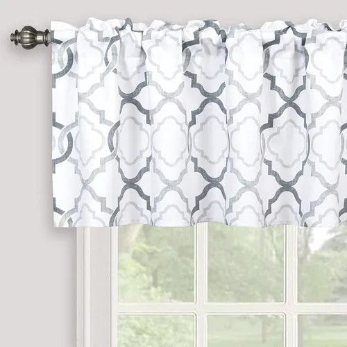 Vista 8 de Cenefa geométrica marroquí para ventanas de cocina y dormitorio, moderno enrejado de cuadrícula impreso con bolsillo para barra, cenefa corta, 52 x