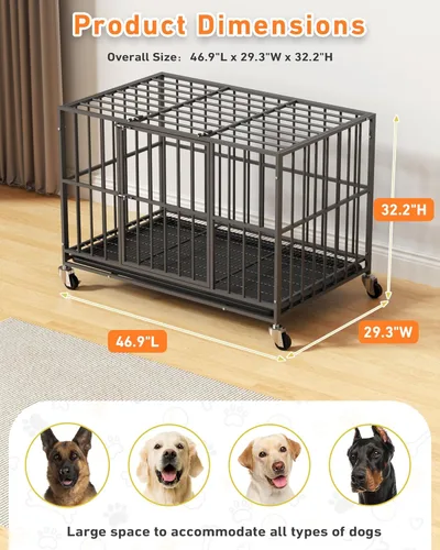 Vista 6 de Jaula para perros resistente de 48 pulgadas con puertas dobles y ruedas con cerradura, perrera grande para interiores, bandeja extraíble para una
