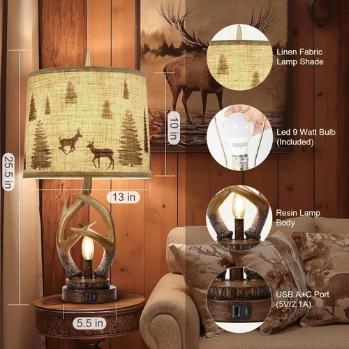 Vista 2 de Scenekoy Juego de 2 lámparas de mesa rústicas con cuernos de granja, con luz nocturna, puertos USB duales, tela de lino, pantalla redonda, lámpara