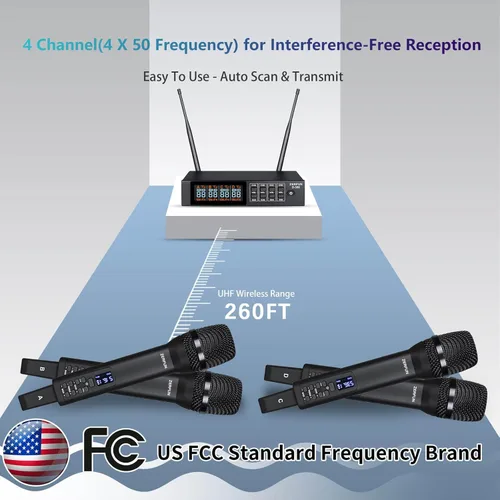 Vista 8 de Sistema de micrófono inalámbrico recargable de 4 canales Pro, micrófonos inalámbricos de mano UHF con control VOL Echo Treble BASS, pantalla LCD