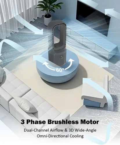 Vista 6 de Ventilador de escritorio sin aspas, ventilador de torre recargable USB de 14 pulgadas con 9 velocidades ajustables, 3 luces, oscilación de 60°