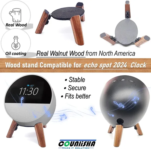 Vista 5 de Real Wood Stand for Echo Spot (2024 Released) Smart Alarm Clock, Tripod Mount Accessories Protect Alexa for Better Sound, Secure Stable Wooden