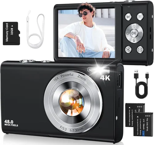 Cámara digital, cámara de videoblogs 4K con enfoque automático para fotografía con tarjeta de 32 GB, cámara digital compacta portátil de 48 Negro