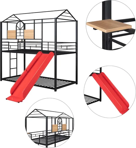 Vista 19 de Harper & Bright Designs Litera de metal para niños, cama individual sobre individual, litera baja con forma de casa, techo, escalera, barandilla
