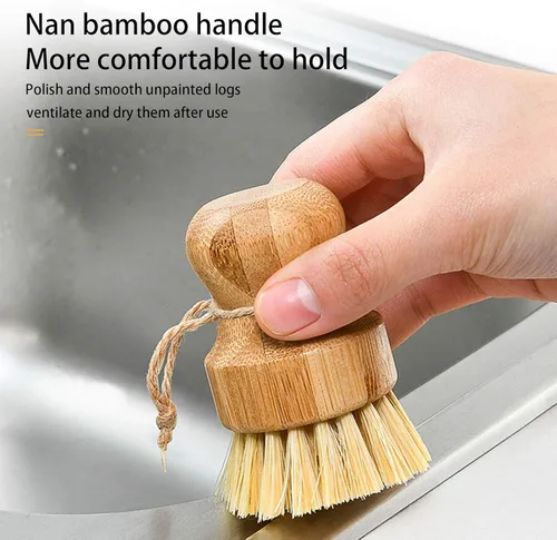 Vista 4 de Cepillo para lavar platos de sisal natural, cepillo redondo de bambú, ollas, sartenes, verduras, cepillo de limpieza del hogar... (Palm)