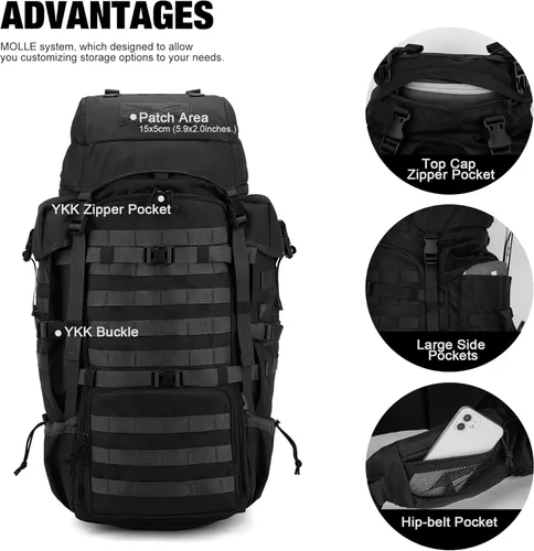 Vista 3 de Mardingtop 70L Mochila con armazón interno para caza, camping, senderismo; mochila con cubierta para la lluvia