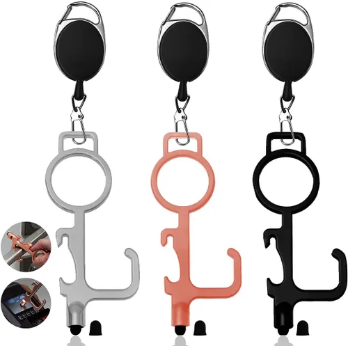 Herramientas para abridor de puerta sin contacto, 3 unidades, sin contacto, con llavero retráctil, llavero de mano EDC Cootie para superficies