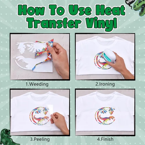 Vista 3 de Vinilo HTV que brilla en la oscuridad, 8 hojas de vinilo de transferencia de calor con estampado de dinosaurio de 12 x 10 pulgadas para camisetas