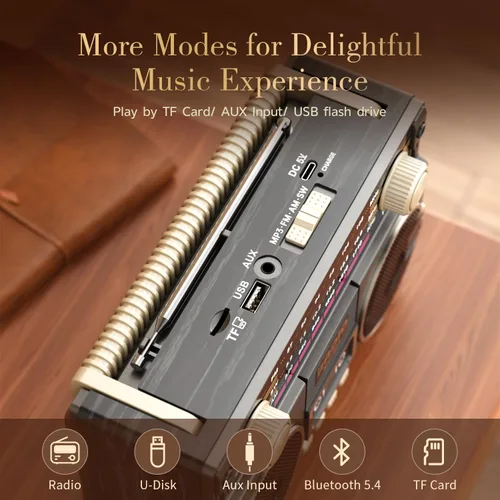 Vista 5 de Radio AM FM portátil con doble altavoz, radio retro recargable USB-C, radios de transistor con excelente recepción, perilla grande fácil de usar