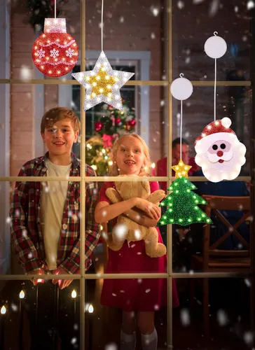 Vista 5 de Luces de decoración de ventana de Navidad, silueta de ventana de Navidad, letrero iluminado, luces de ventana a pilas con gancho de ventosa