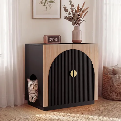 Amunrbrek Caja de arena grande, armario oculto estriado para gatos con almacenamiento, muebles de aparador curvados simétricos (negro y natural)