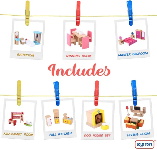 Vista 2 de Juego de muebles de casa de muñecas de madera de primera calidad, 49 piezas, 7 habitaciones, juego de muebles y accesorios para casa de muñecas