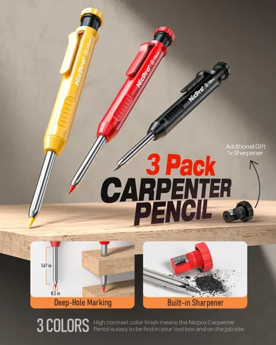 Vista 2 de Nicpro Juego de 16 lápices mecánicos para carpinteros con 42 recambios y herramienta de grabado en carburo, lápices de construcción, lápices