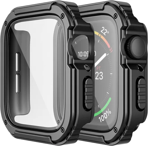 Adepoy Paquete de 2 fundas resistentes compatibles con Apple Watch de 1.496 pulgadas Series 3/2/1 con protector de pantalla de vidrio templado,
