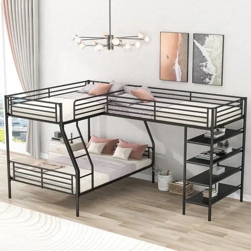 Vista 11 de Bellemave Literas triples, literas en forma de L de tamaño individual sobre cama matrimonial adjunta a una cama alta con escritorio, literas triples