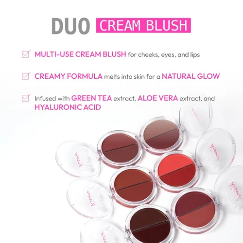 Vista 4 de Ruby Kisses Rubor en crema dúo, suave, de aspecto natural, de larga duración para mejillas, labios y ojos, construible y mezclable, infundido con té