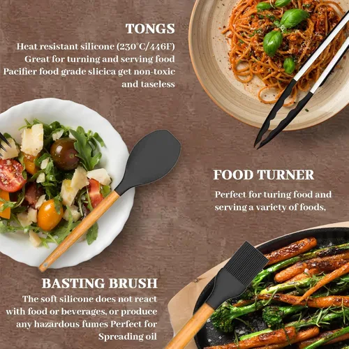 Vista 5 de Juego de utensilios de cocina de silicona, espátula de goma negra de 33 piezas para el hogar, electrodomésticos de decoración de chef, silicona