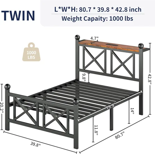 Vista 2 de DynJest Base de cama negra de tamaño individual con luces LED, cama de metal resistente con cabecera y piecero, estante de almacenamiento