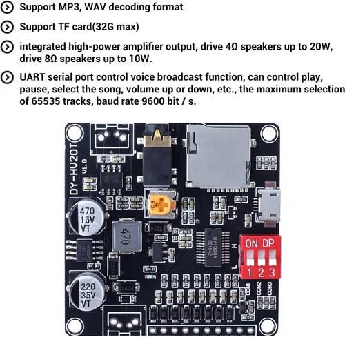 Vista 2 de Módulo de reproducción de voz de 20 W, tablero de sonido PEMENOL DC 6-35 V, reproductor de música descargable USB, salida DAC de 24 bits, MP3 WAV